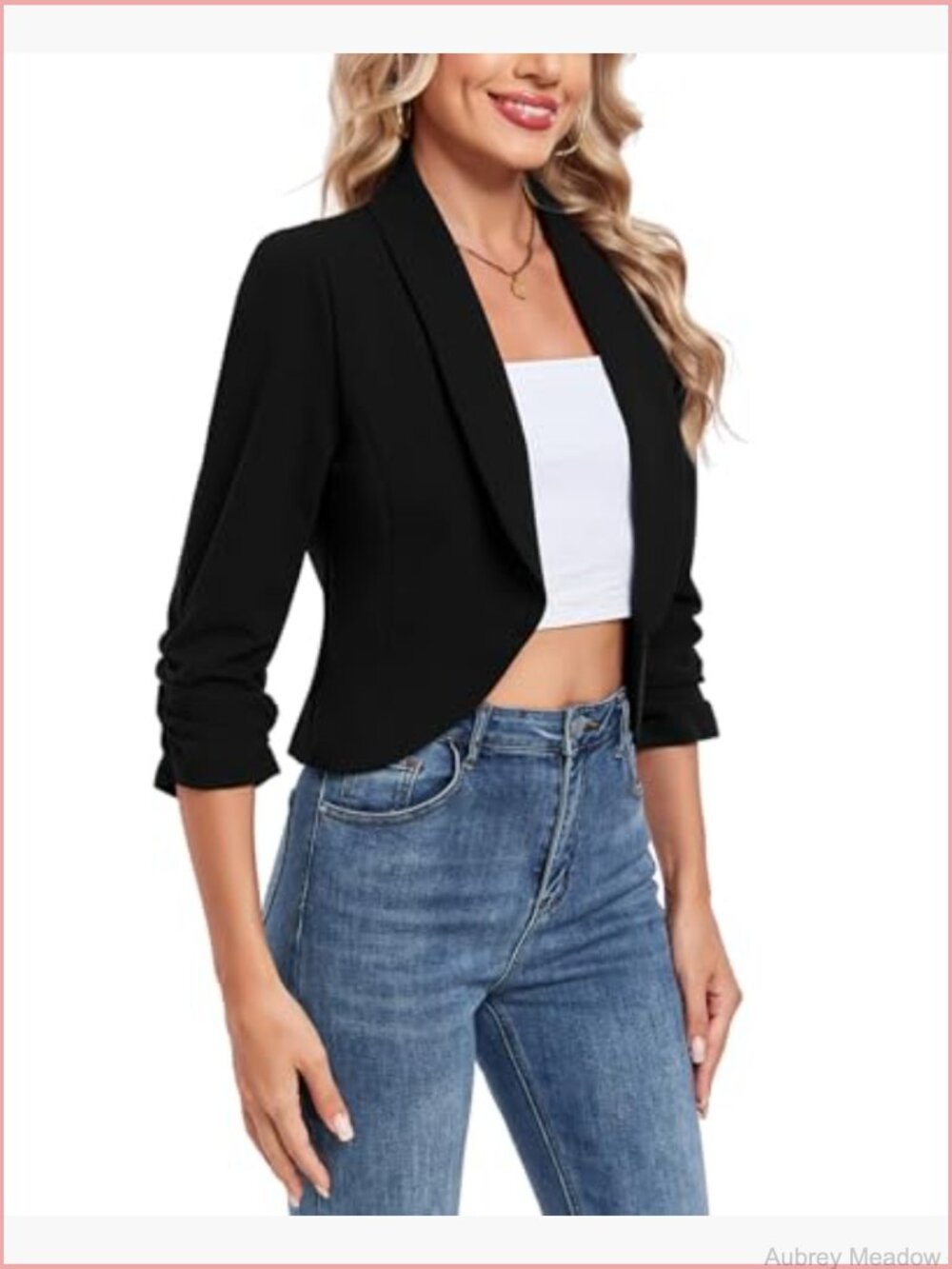 Cropped Blazer - 3/4 Ruched Sleeve Open Front Cardigan Jacket - Picture 2 of 6